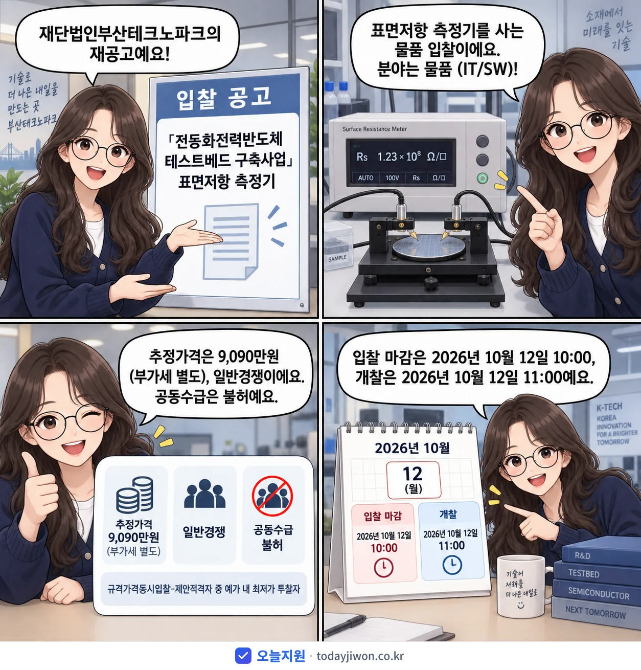 4컷 만화로 보는 공고: 재단법인부산테크노파크 '「전동화전력반도체 테스트베드 구축사업」표면저항 측정기', 추정가격 9,090만원, 입찰 마감 10/12 10:00