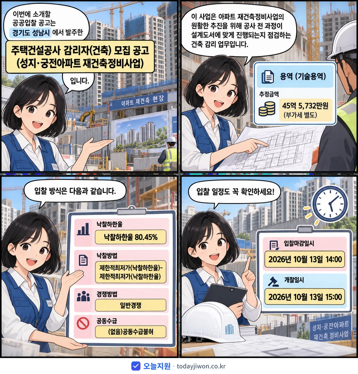 4컷 만화로 보는 공고: 경기도 성남시 '주택건설공사 감리자(건축) 모집 공고(성지·궁전아파트 재건축정비사업)', 추정가격 45억 5,732만원, 입찰 마감 10/13 14:00