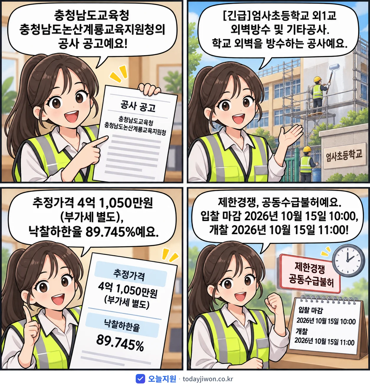 4컷 만화로 보는 공고: 충청남도교육청 충청남도논산계룡교육지원청 '엄사초등학교 외1교 외벽방수 및 기타공사', 추정가격 4억 1,050만원, 입찰 마감 10/15 10:00