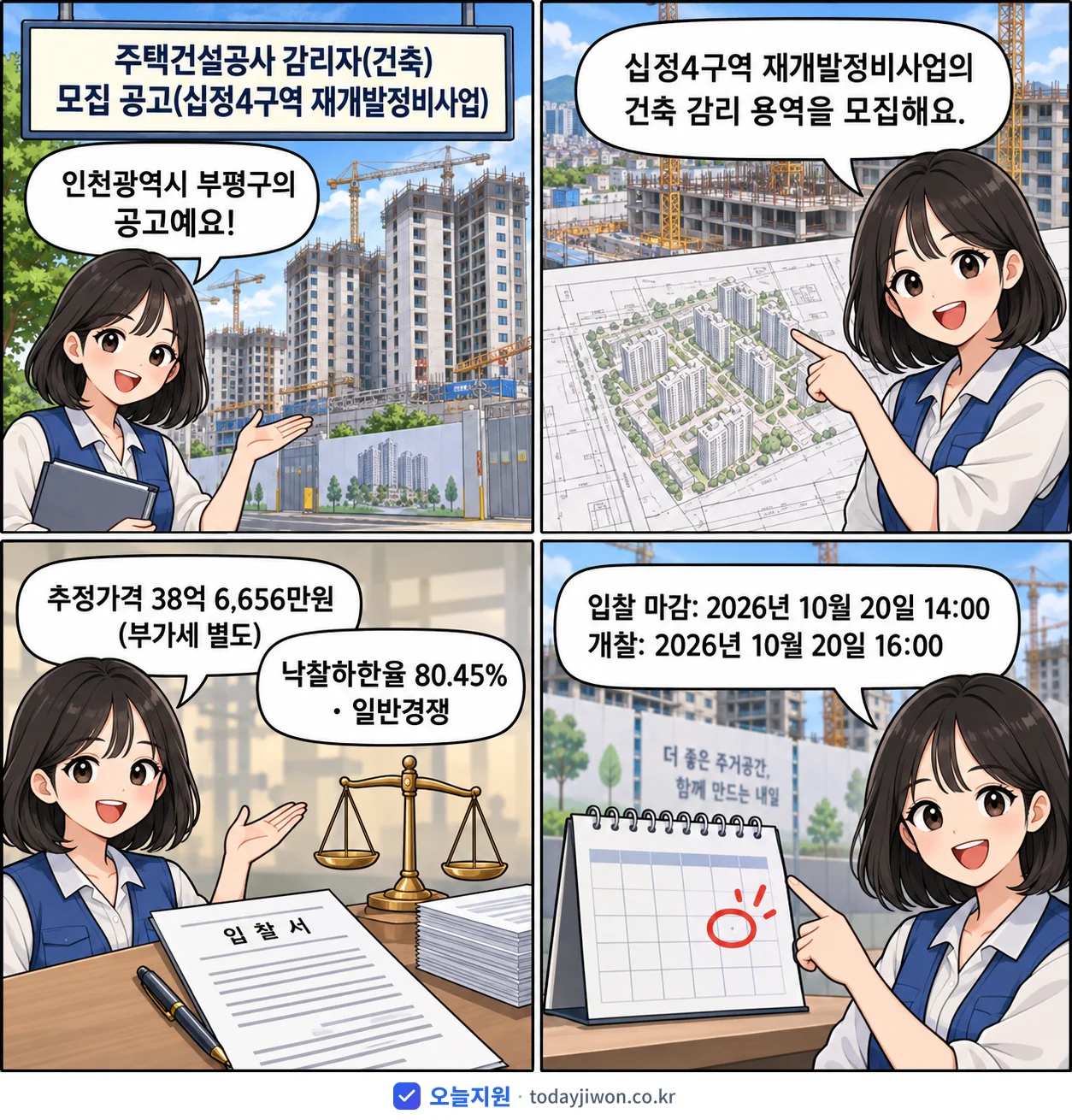 4컷 만화로 보는 공고: 인천광역시 부평구 '주택건설공사 감리자(건축) 모집 공고(십정4구역 재개발정비사업)', 추정가격 38억 6,656만원, 입찰 마감 10/20 14:00