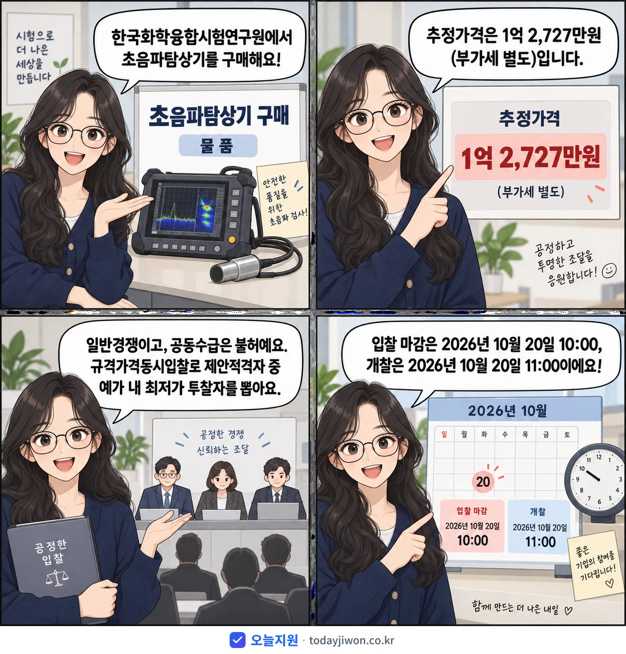 4컷 만화로 보는 공고: 한국화학융합시험연구원 '초음파탐상기 구매', 추정가격 1억 2,727만원, 입찰 마감 10/20 10:00