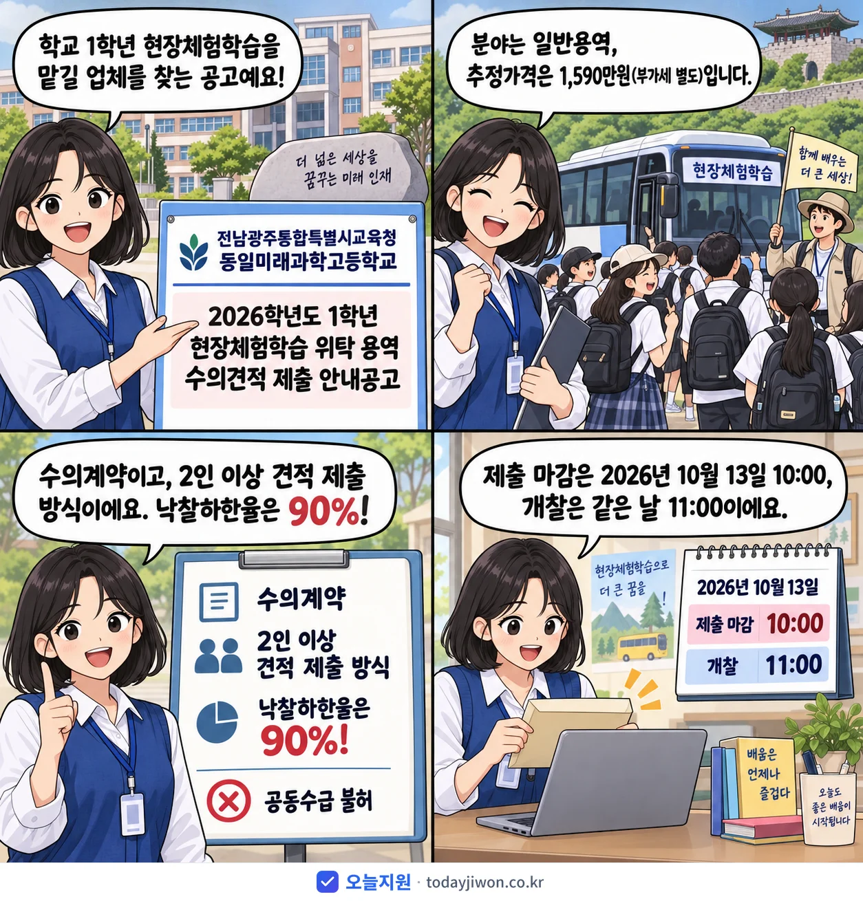 4컷 만화로 보는 공고: 전남광주통합특별시교육청 동일미래과학고등학교 '학년도 1학년 현장체험학습 위탁 용역 수의견적 제출 안내공고', 추정가격 1,590만원, 입찰 마감 10/13 10:00