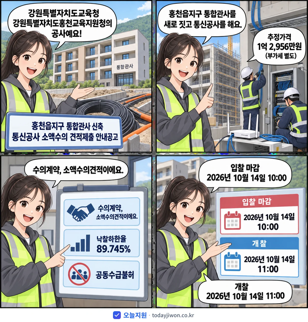4컷 만화로 보는 공고: 강원특별자치도교육청 강원특별자치도홍천교육지원청 '홍천읍지구 통합관사 신축 통신공사 소액수의 견적제출 안내공고', 추정가격 1억 2,956만원, 입찰 마감 10/14 10:00