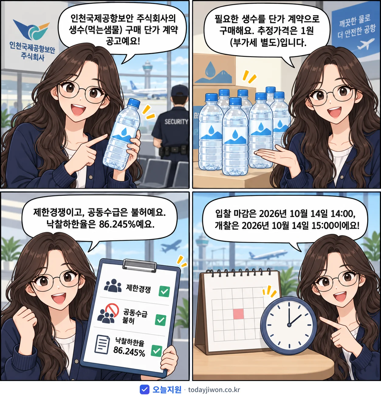 4컷 만화로 보는 공고: 인천국제공항보안 주식회사 '인천국제공항보안(주) 생수(먹는샘물) 구매 단가 계약', 추정가격 1원, 입찰 마감 10/14 14:00
