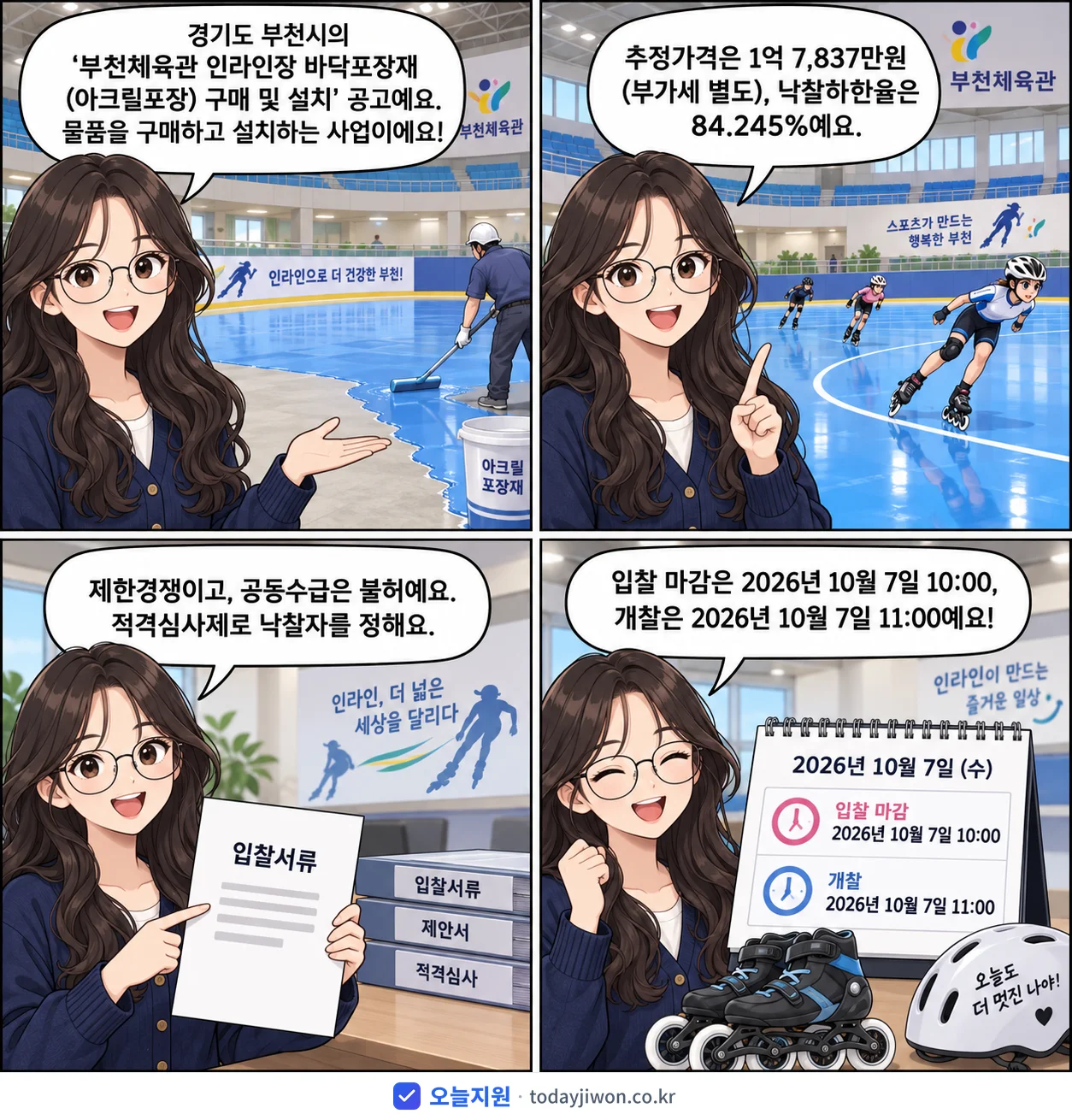 4컷 만화로 보는 공고: 경기도 부천시 '부천체육관 인라인장 바닥포장재 (아크릴포장) 구매 및 설치', 추정가격 1억 7,837만원, 입찰 마감 10/7 10:00