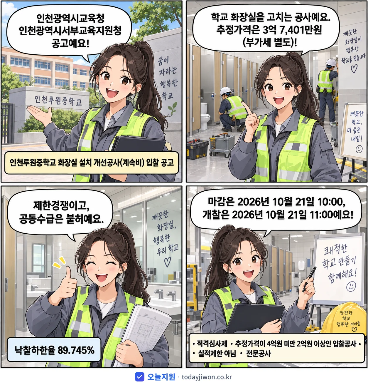 4컷 만화로 보는 공고: 인천광역시교육청 인천광역시서부교육지원청 '인천루원중학교 화장실 설치 개선공사(계속비) 입찰 공고', 추정가격 3억 7,401만원, 입찰 마감 10/21 10:00