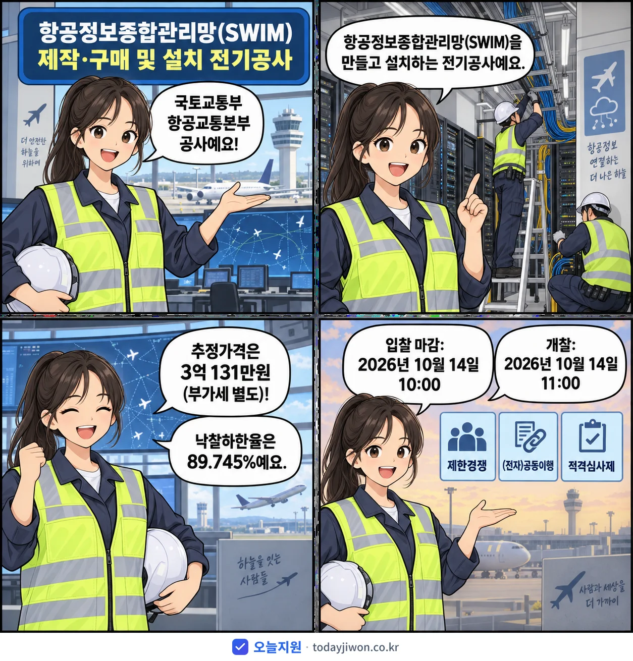 4컷 만화로 보는 공고: 국토교통부 항공교통본부 '항공정보종합관리망(SWIM) 제작·구매 및 설치 전기공사', 추정가격 3억 131만원, 입찰 마감 10/14 10:00