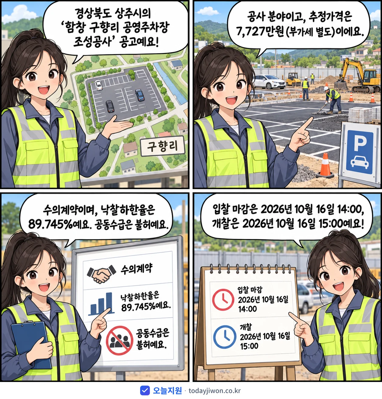 4컷 만화로 보는 공고: 경상북도 상주시 '함창 구향리 공영주차장 조성공사', 추정가격 7,727만원, 입찰 마감 10/16 14:00