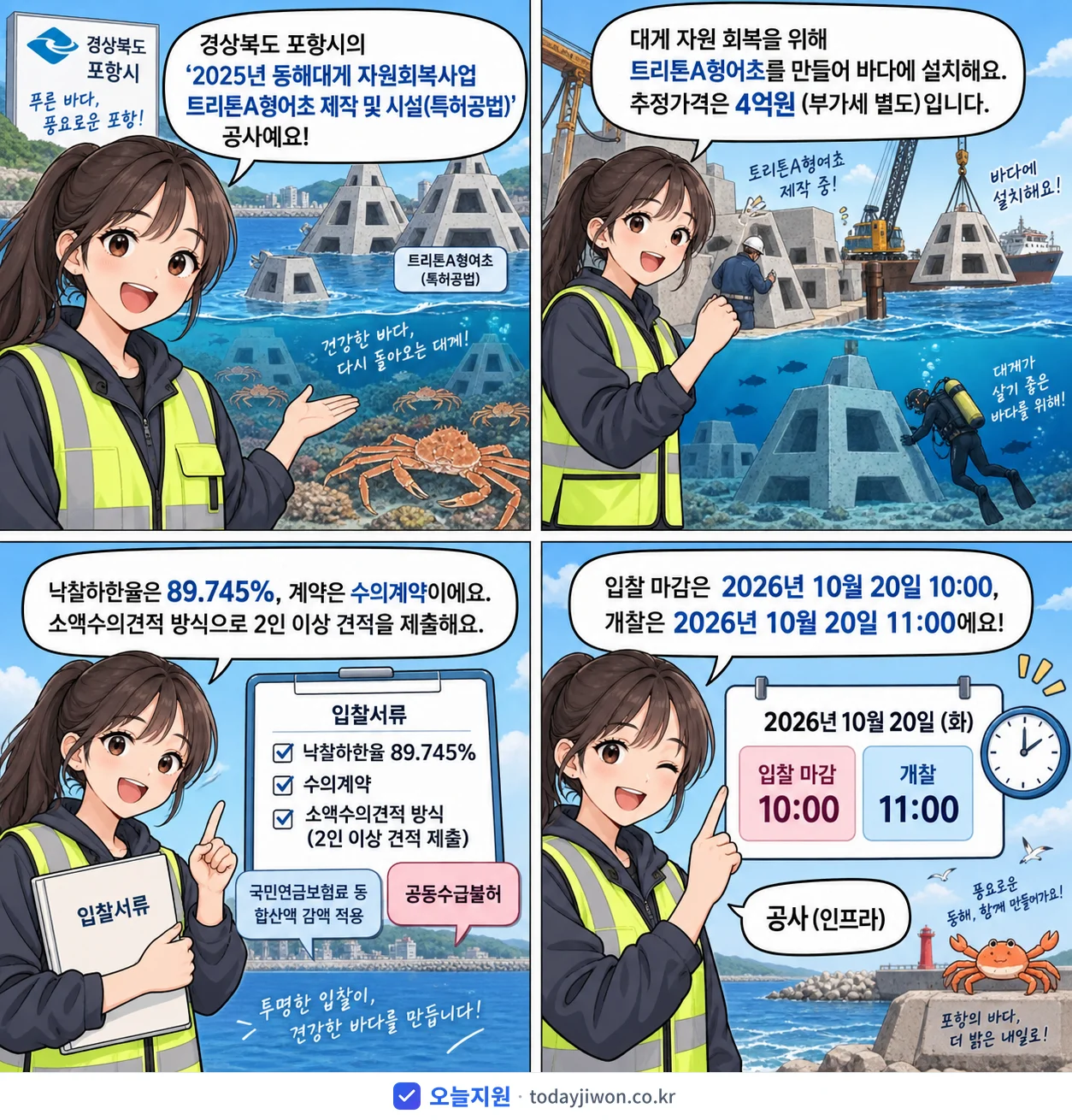 4컷 만화로 보는 공고: 경상북도 포항시 '동해대게 자원회복사업 트리톤A형어초 제작 및 시설(특허공법)', 추정가격 4억원, 입찰 마감 10/20 10:00