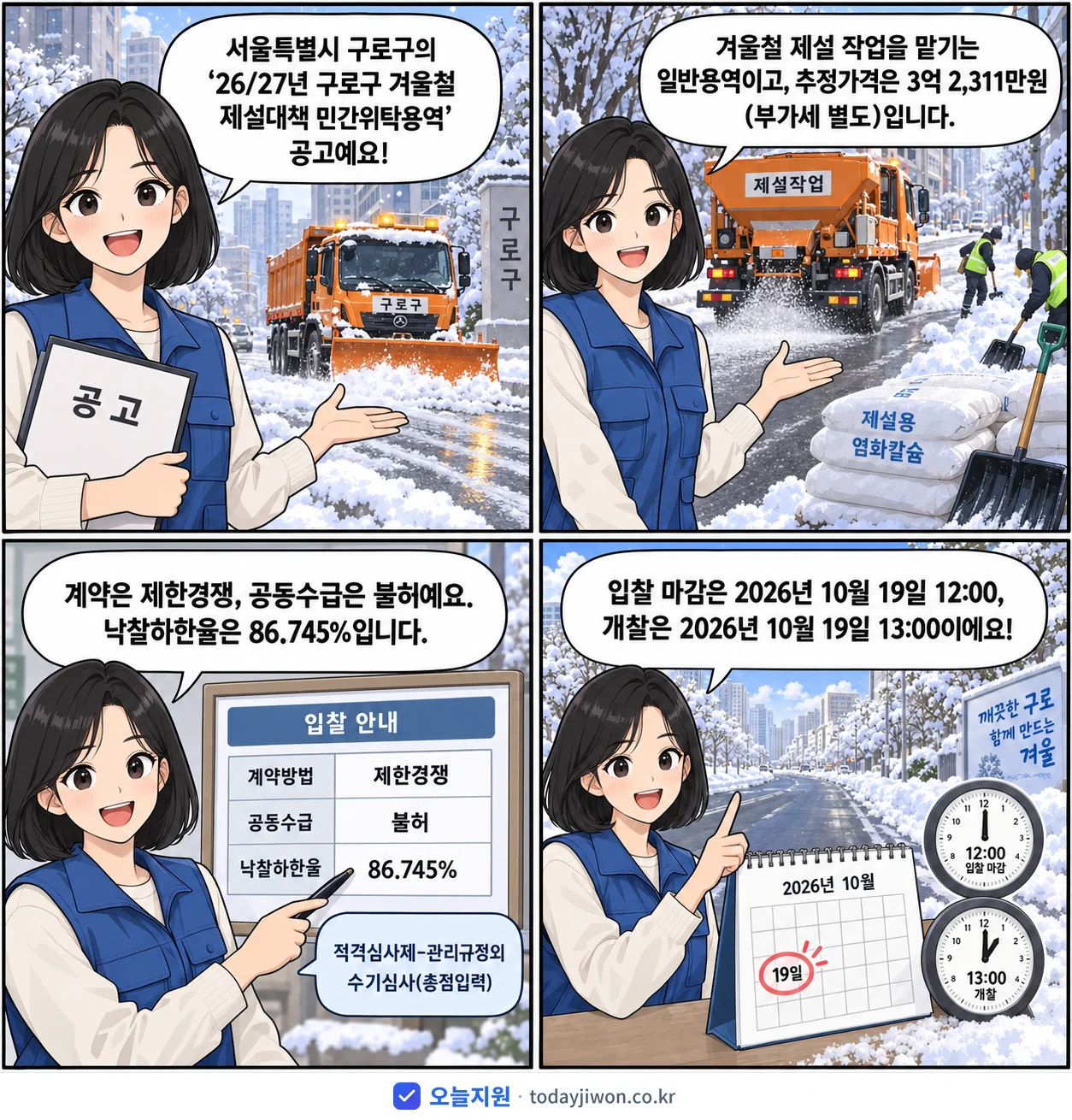 4컷 만화로 보는 공고: 서울특별시 구로구 '26/27년 구로구 겨울철 제설대책 민간위탁용역', 추정가격 3억 2,311만원, 입찰 마감 10/19 12:00