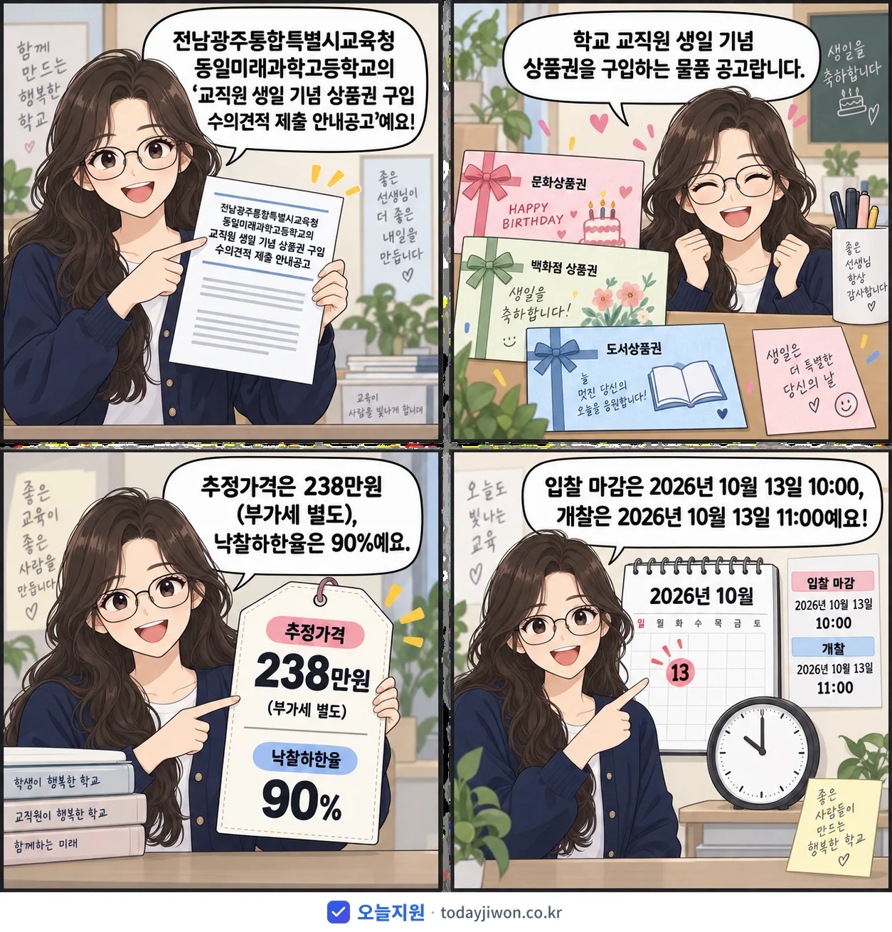 4컷 만화로 보는 공고: 전남광주통합특별시교육청 동일미래과학고등학교 '교직원 생일 기념 상품권 구입 수의견적 제출 안내공고', 추정가격 238만원, 입찰 마감 10/13 10:00