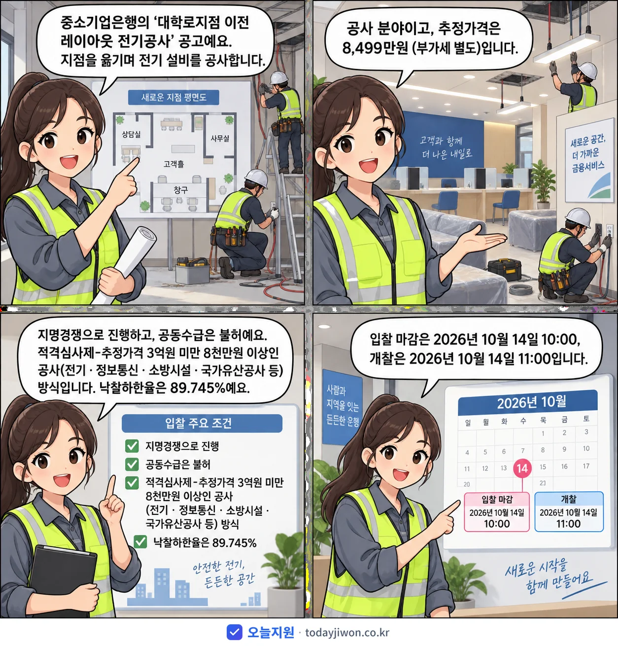 4컷 만화로 보는 공고: 중소기업은행 '대학로지점 이전 레이아웃 전기공사', 추정가격 8,499만원, 입찰 마감 10/14 10:00
