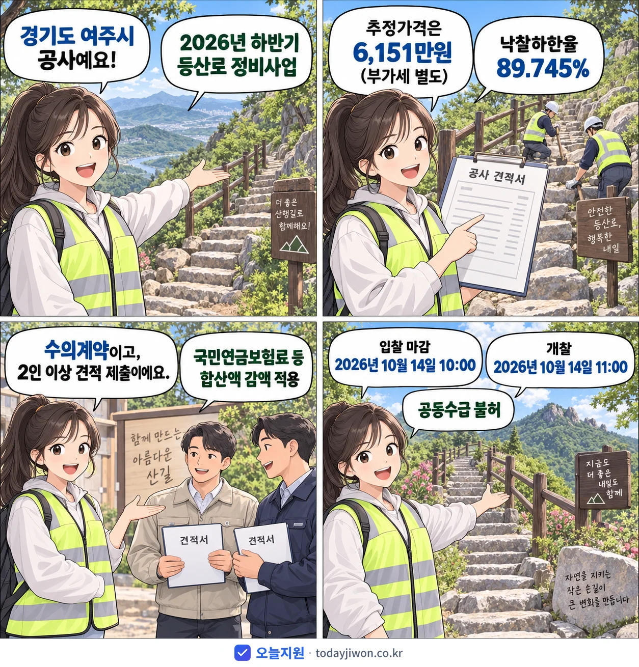 4컷 만화로 보는 공고: 경기도 여주시 '하반기 등산로 정비사업', 추정가격 6,151만원, 입찰 마감 10/14 10:00
