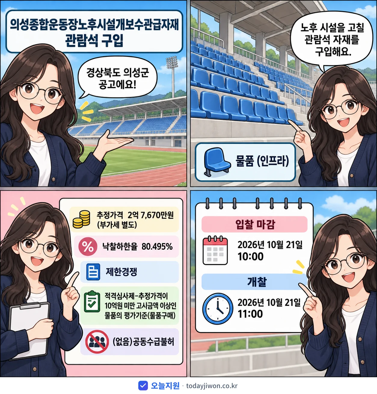 4컷 만화로 보는 공고: 경상북도 의성군 '의성종합운동장노후시설개보수관급자재 관람석 구입', 추정가격 2억 7,670만원, 입찰 마감 10/21 10:00