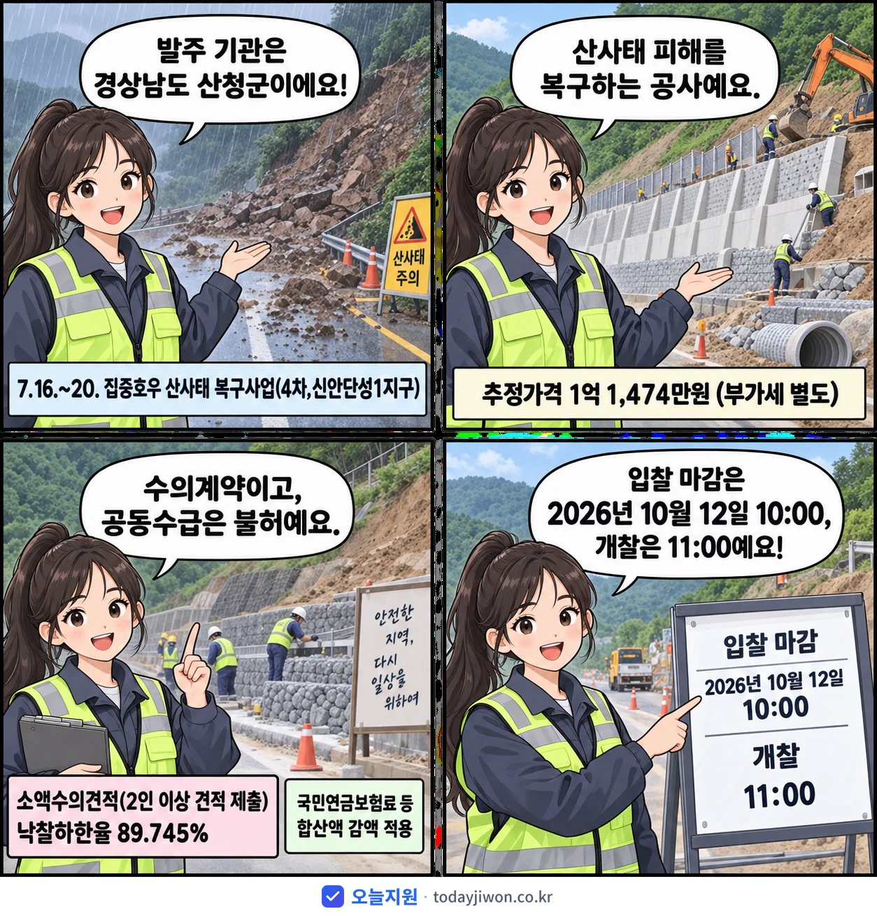 4컷 만화로 보는 공고: 경상남도 산청군 '7.16.~20. 집중호우 산사태 복구사업(4차,신안단성1지구)', 추정가격 1억 1,474만원, 입찰 마감 10/12 10:00