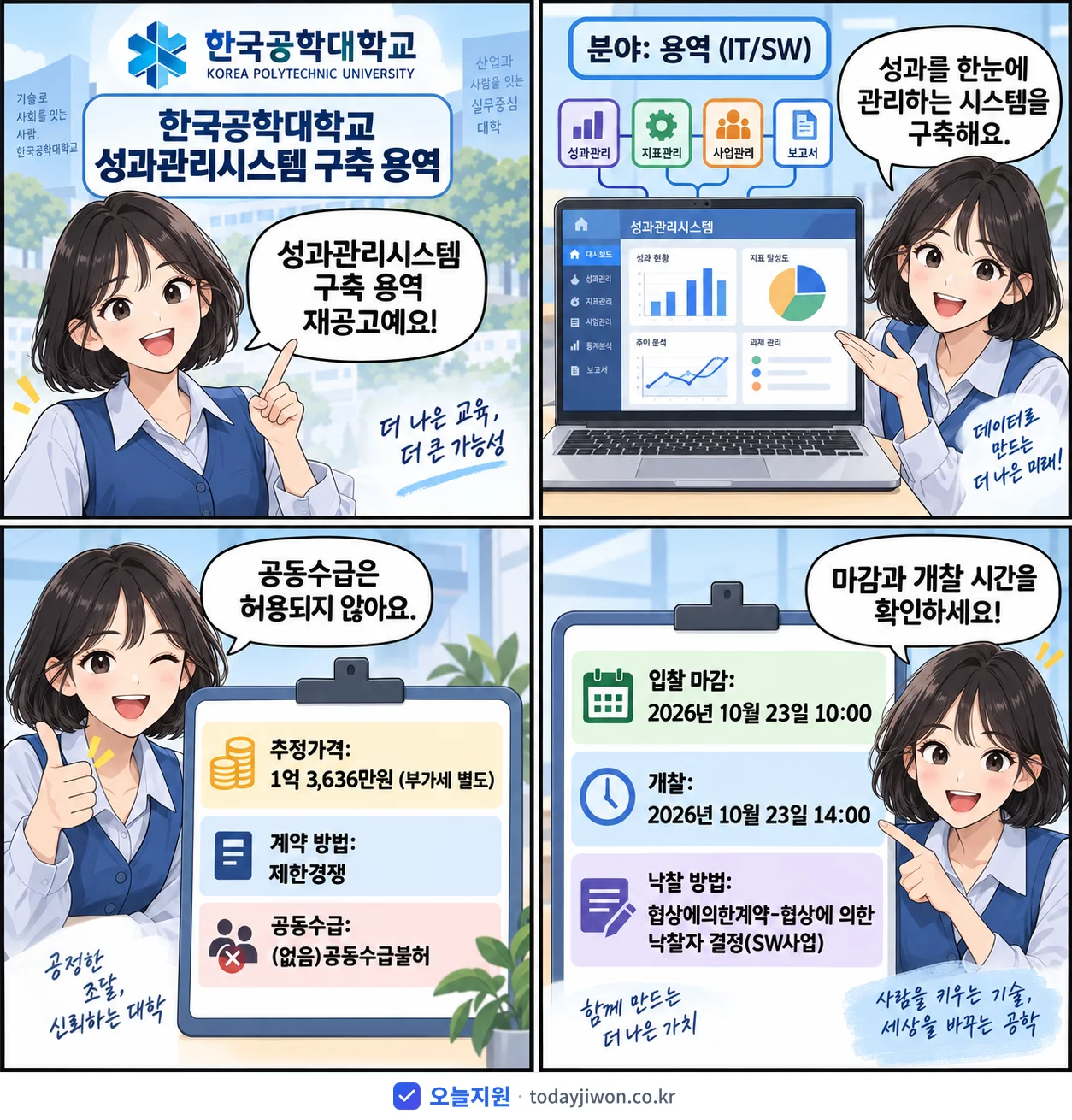 4컷 만화로 보는 공고: 한국공학대학교 '한국공학대학교 성과관리시스템 구축 용역', 추정가격 1억 3,636만원, 입찰 마감 10/23 10:00