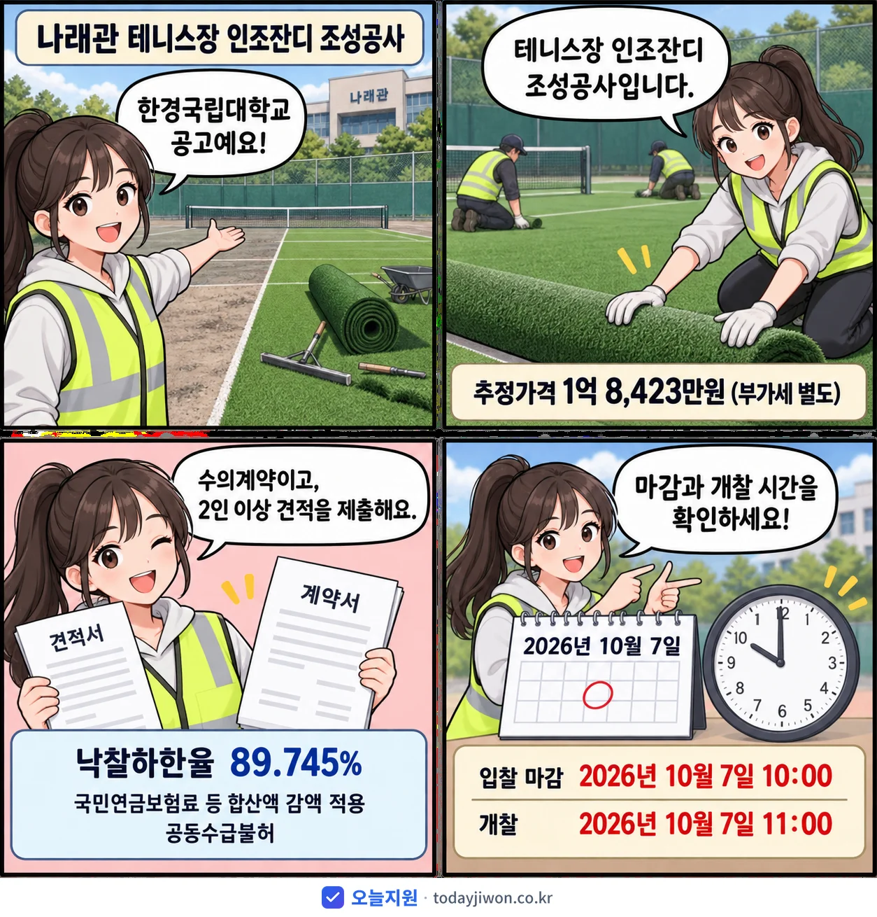 4컷 만화로 보는 공고: 한경국립대학교 '나래관 테니스장 인조잔디 조성공사', 추정가격 1억 8,423만원, 입찰 마감 10/7 10:00