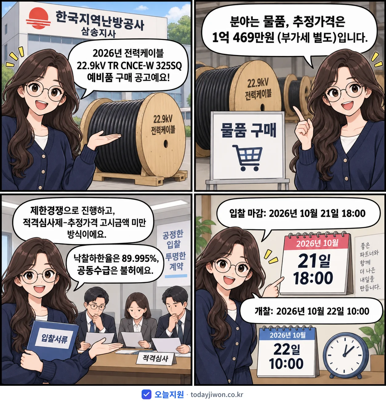 4컷 만화로 보는 공고: 한국지역난방공사 삼송지사 '전력케이블 22.9kV TR CNCE-W 325SQ 예비품 구매', 추정가격 1억 469만원, 입찰 마감 10/21 18:00
