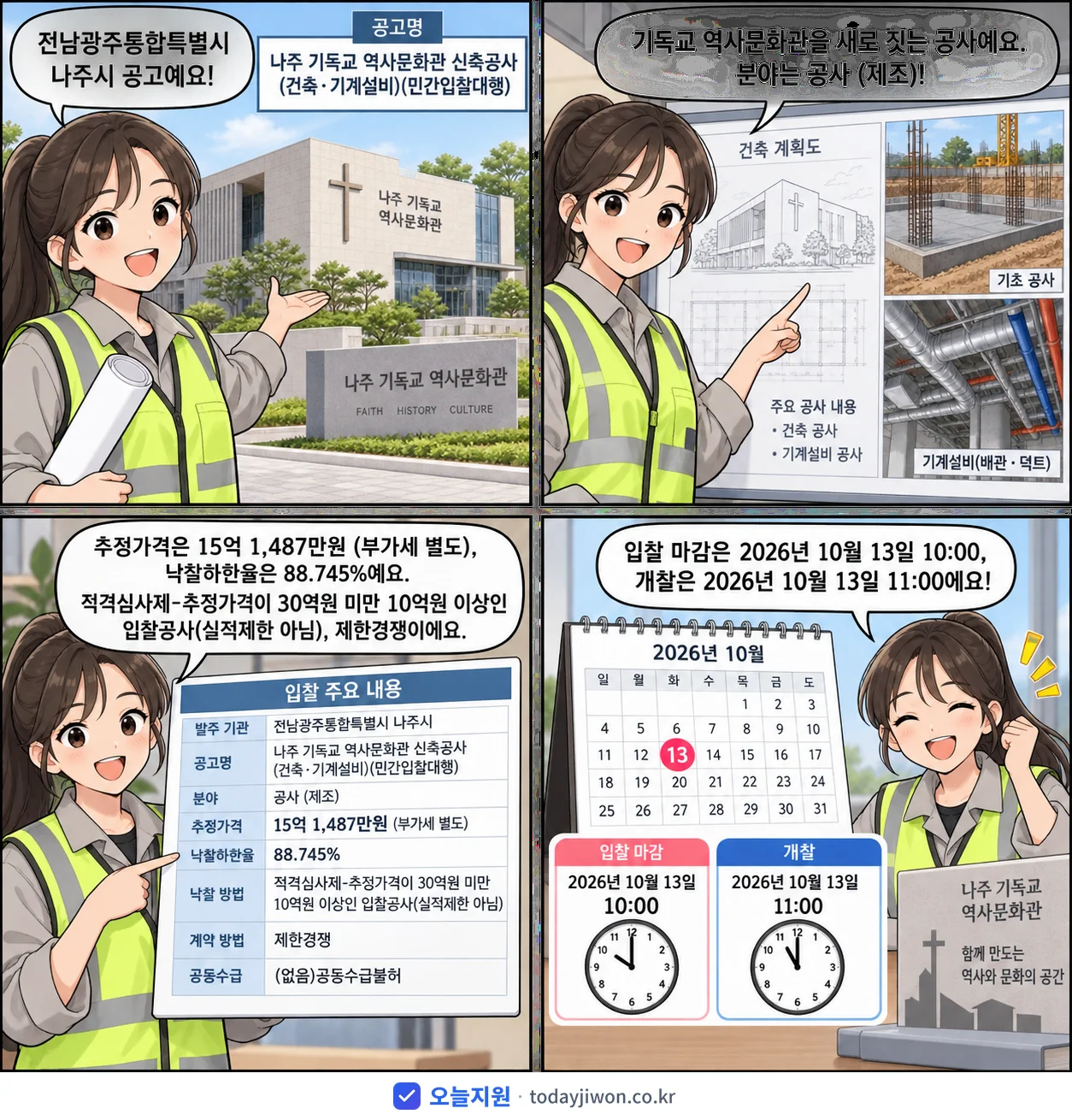4컷 만화로 보는 공고: 전남광주통합특별시 나주시 '나주 기독교 역사문화관 신축공사(건축·기계설비)(민간입찰대행)', 추정가격 15억 1,487만원, 입찰 마감 10/13 10:00