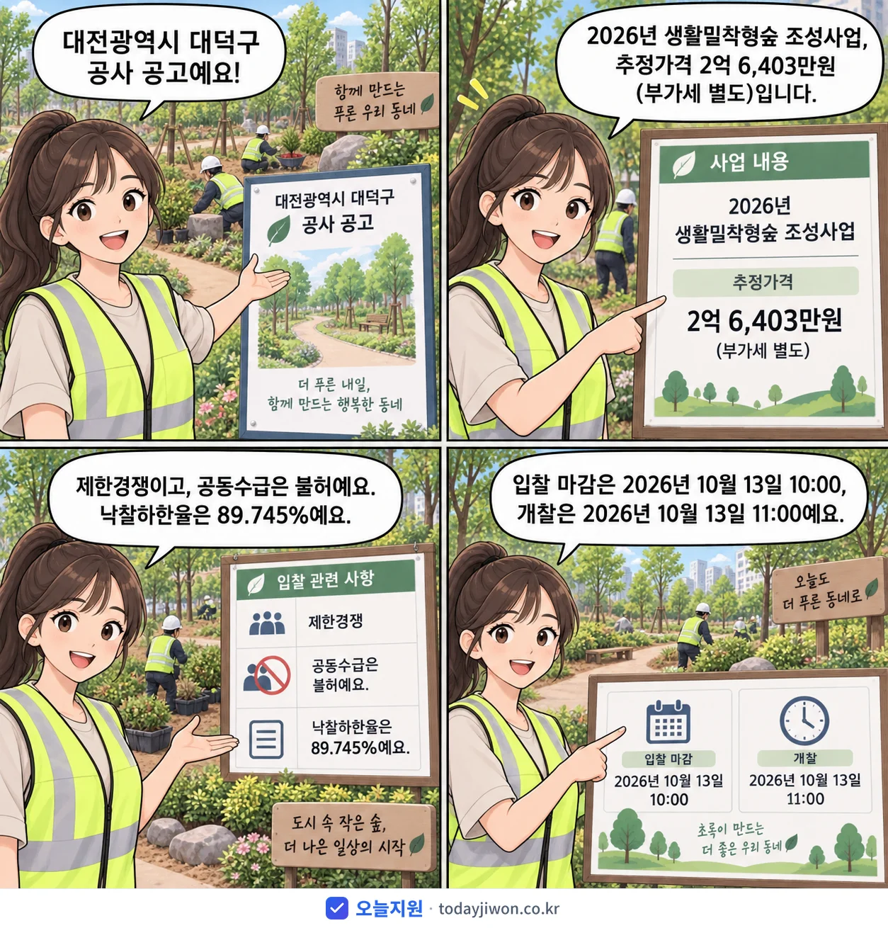 4컷 만화로 보는 공고: 대전광역시 대덕구 '생활밀착형숲 조성사업', 추정가격 2억 6,403만원, 입찰 마감 10/13 10:00