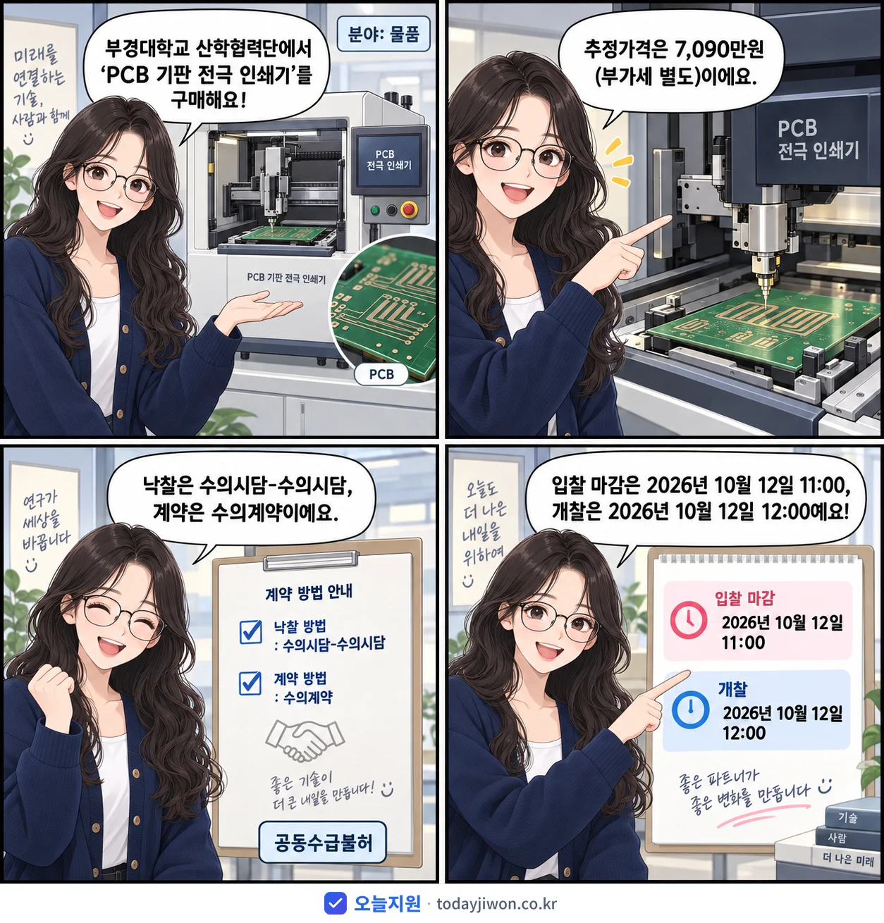4컷 만화로 보는 공고: 부경대학교 산학협력단 'PCB 기판 전극 인쇄기', 추정가격 7,090만원, 입찰 마감 10/12 11:00