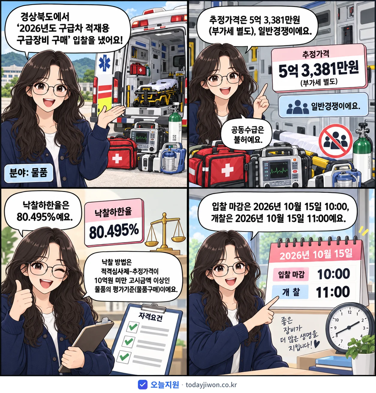 4컷 만화로 보는 공고: 경상북도 '구급차 적재용 구급장비 구매', 추정가격 5억 3,381만원, 입찰 마감 10/15 10:00
