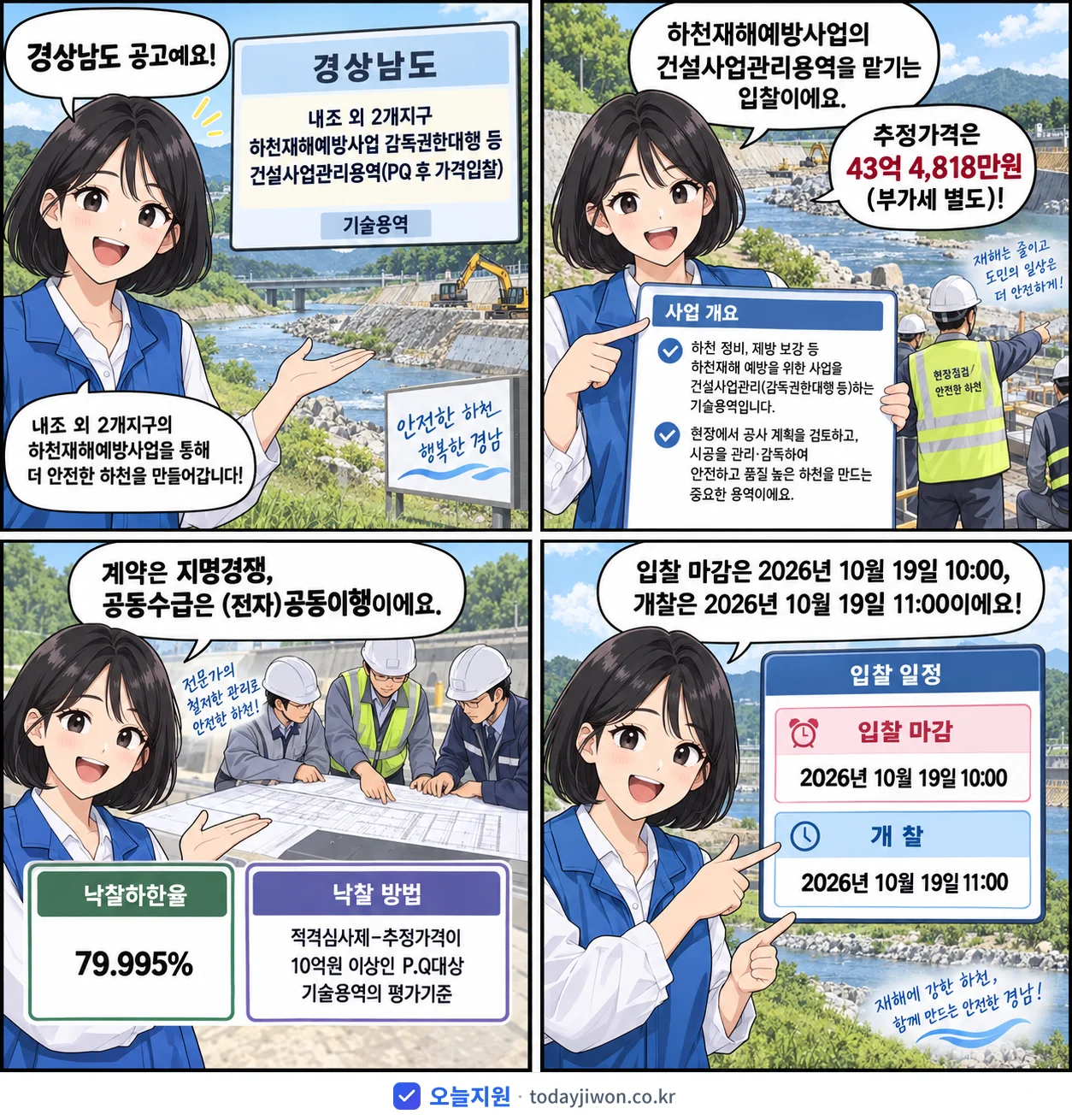 4컷 만화로 보는 공고: 경상남도 '내조 외 2개지구 하천재해예방사업 감독권한대행 등 건설사업관리용역(PQ…', 추정가격 43억 4,818만원, 입찰 마감 10/19 10:00