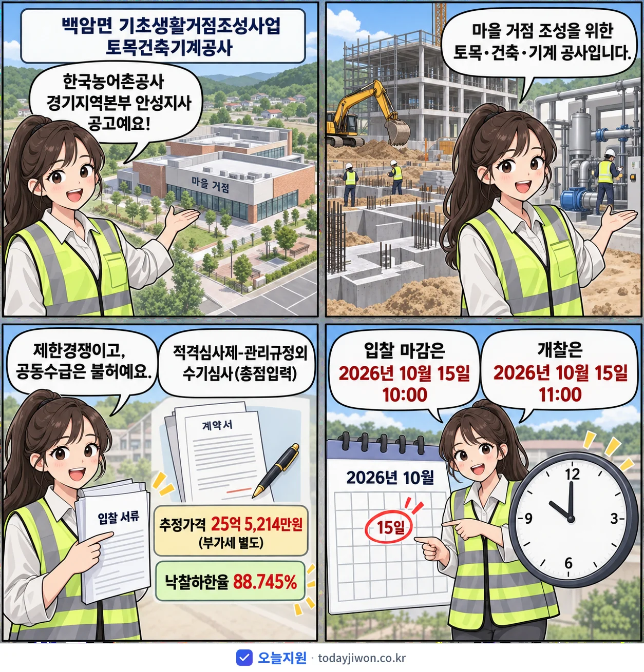 4컷 만화로 보는 공고: 한국농어촌공사 경기지역본부 안성지사 '백암면 기초생활거점조성사업 토목건축기계공사', 추정가격 25억 5,214만원, 입찰 마감 10/15 10:00