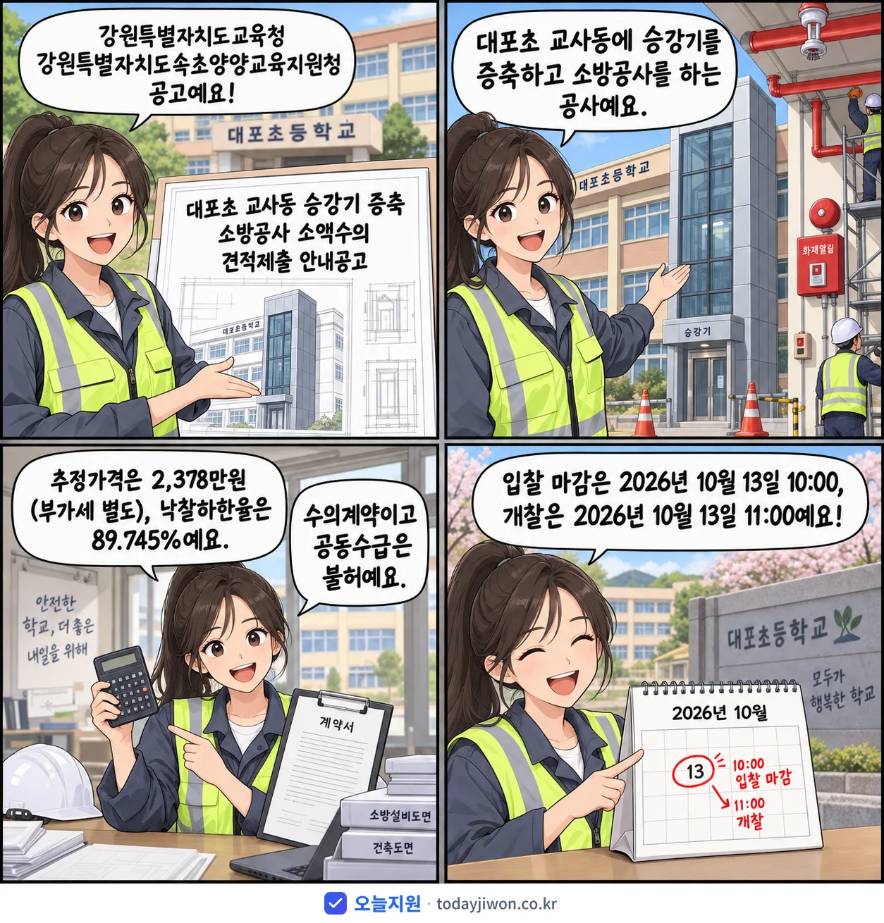 4컷 만화로 보는 공고: 강원특별자치도교육청 강원특별자치도속초양양교육지원청 '대포초 교사동 승강기 증축 소방공사 소액수의 견적제출 안내공고', 추정가격 2,378만원, 입찰 마감 10/13 10:00