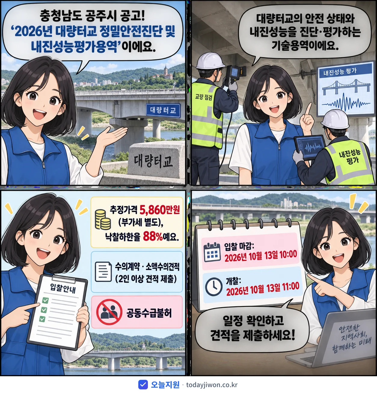 4컷 만화로 보는 공고: 충청남도 공주시 '대량터교 정밀안전진단 및 내진성능평가용역', 추정가격 5,860만원, 입찰 마감 10/13 10:00