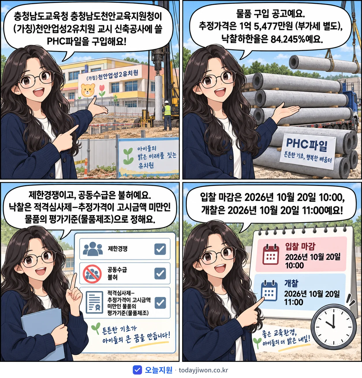 4컷 만화로 보는 공고: 충청남도교육청 충청남도천안교육지원청 '(가칭)천안업성2유치원 교시 신축공사 관급자재(PHC파일) 구입', 추정가격 1억 5,477만원, 입찰 마감 10/20 10:00