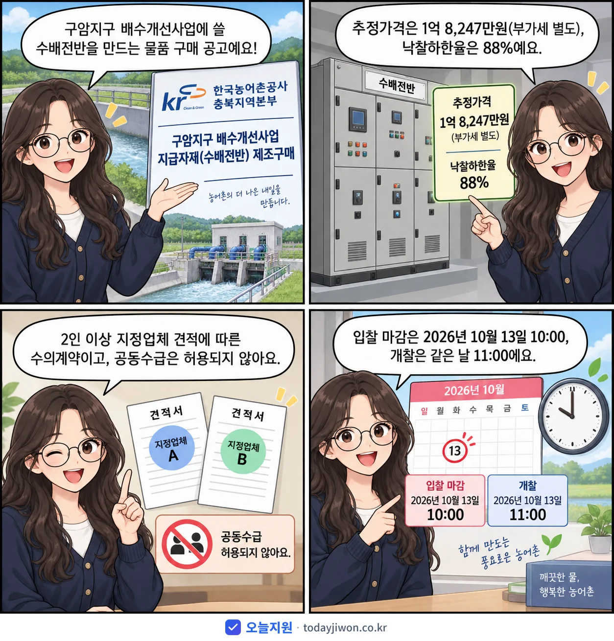 4컷 만화로 보는 공고: 한국농어촌공사 충북지역본부 '구암지구 배수개선사업 지급자재(수배전반) 제조구매', 추정가격 1억 8,247만원, 입찰 마감 10/13 10:00