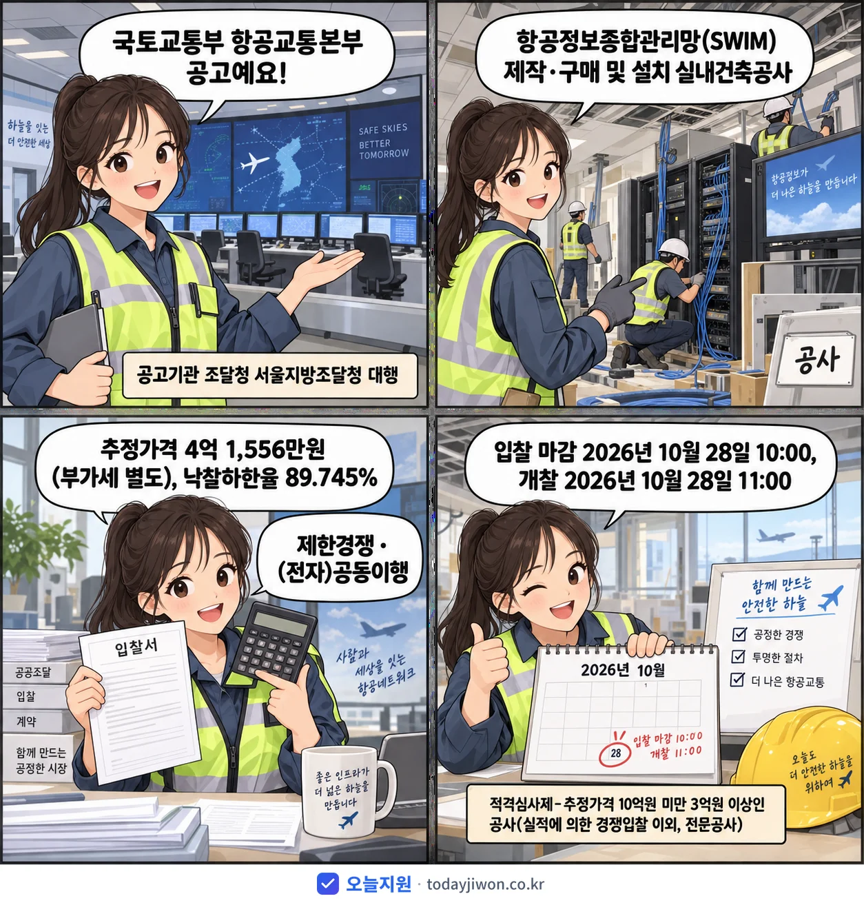 4컷 만화로 보는 공고: 국토교통부 항공교통본부 '항공정보종합관리망(SWIM) 제작·구매 및 설치 실내건축공사', 추정가격 4억 1,556만원, 입찰 마감 10/28 10:00