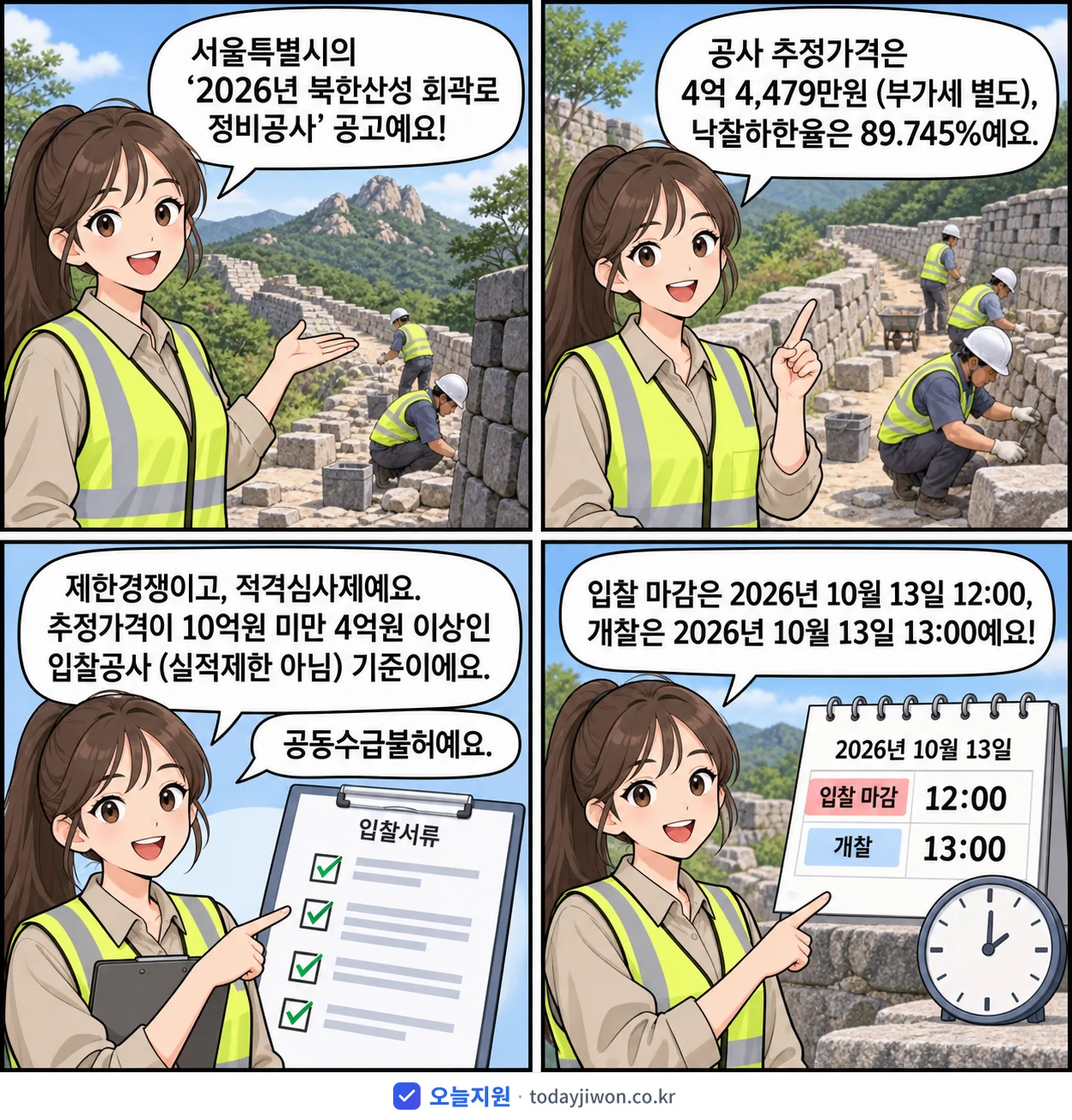 4컷 만화로 보는 공고: 서울특별시 '북한산성 회곽로 정비공사', 추정가격 4억 4,479만원, 입찰 마감 10/13 12:00