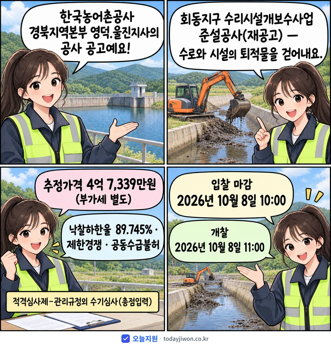 4컷 만화로 보는 공고: 한국농어촌공사 경북지역본부 영덕.울진지사 '회동지구 수리시설개보수사업 준설공사', 추정가격 4억 7,339만원, 입찰 마감 10/8 10:00