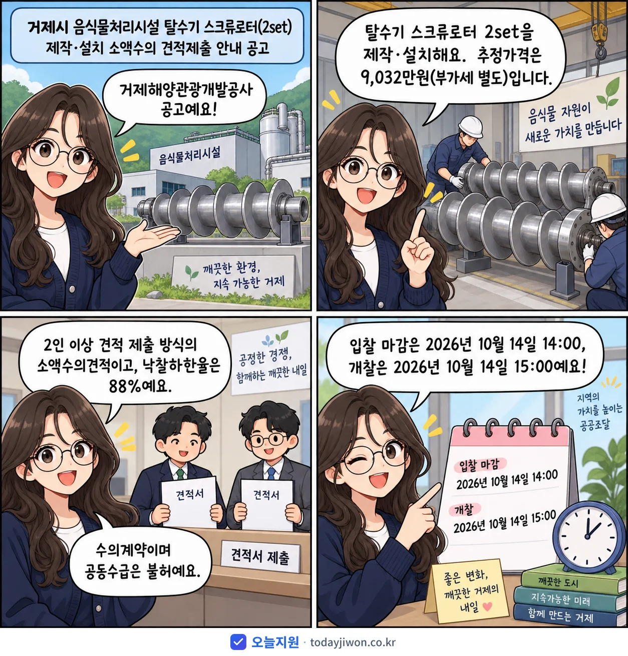 4컷 만화로 보는 공고: 거제해양관광개발공사 '거제시 음식물처리시설 탈수기 스크류로터(2set) 제작·설치 소액수의…', 추정가격 9,032만원, 입찰 마감 10/14 14:00