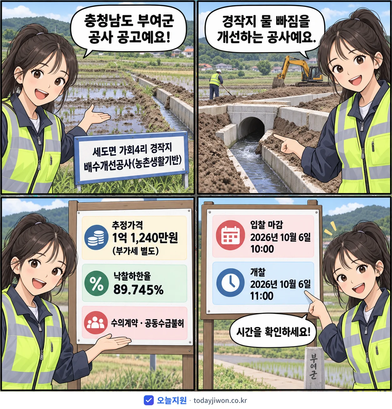 4컷 만화로 보는 공고: 충청남도 부여군 '세도면 가회4리 경작지 배수개선공사(농촌생활기반)', 추정가격 1억 1,240만원, 입찰 마감 10/6 10:00