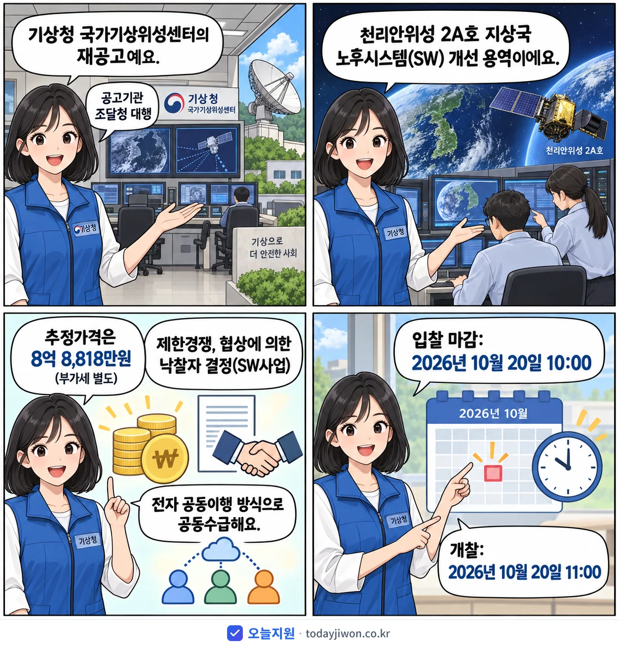 4컷 만화로 보는 공고: 기상청 국가기상위성센터 '천리안위성 2A호 지상국 노후시스템(SW) 개선', 추정가격 8억 8,818만원, 입찰 마감 10/20 10:00