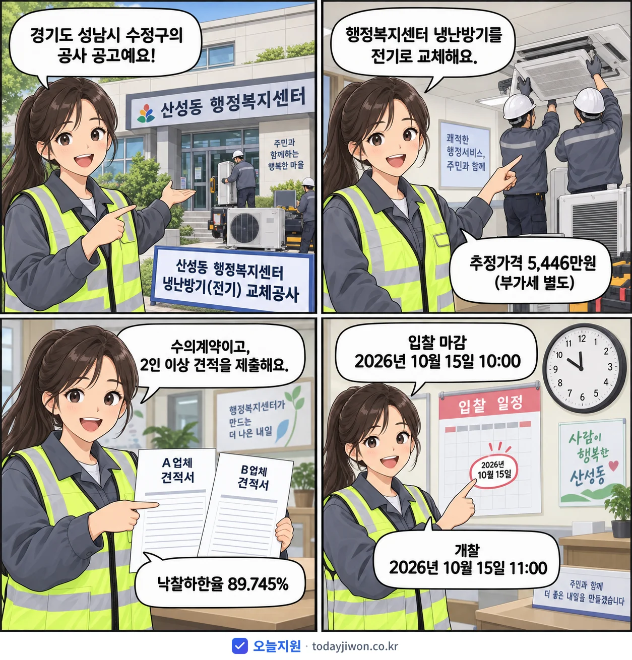 4컷 만화로 보는 공고: 경기도 성남시 수정구 '산성동 행정복지센터 냉난방기(전기) 교체공사', 추정가격 5,446만원, 입찰 마감 10/15 10:00