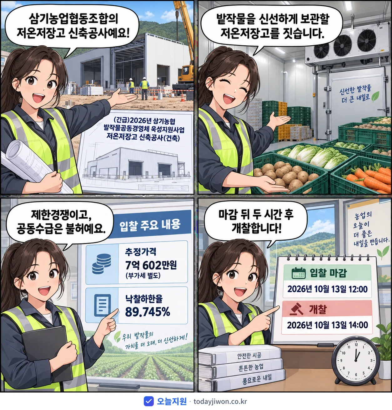 4컷 만화로 보는 공고: 삼기농업협동조합 '삼기농협 밭작물공동경영체 육성지원사업 저온저장고 신축공사(건축)', 추정가격 7억 602만원, 입찰 마감 10/13 12:00
