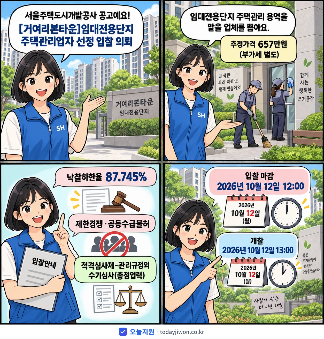 4컷 만화로 보는 공고: 서울주택도시개발공사 '임대전용단지 주택관리업자 선정 입찰 의뢰', 추정가격 657만원, 입찰 마감 10/12 12:00