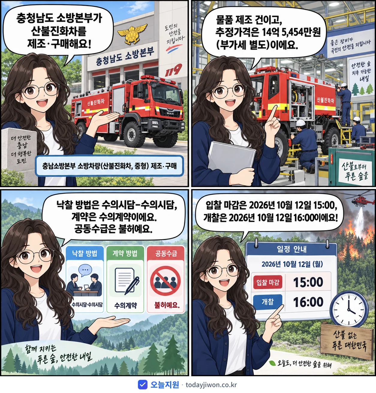 4컷 만화로 보는 공고: 충청남도 소방본부 '충남소방본부 소방차량(산불진화차, 중형) 제조․구매', 추정가격 14억 5,454만원, 입찰 마감 10/12 15:00