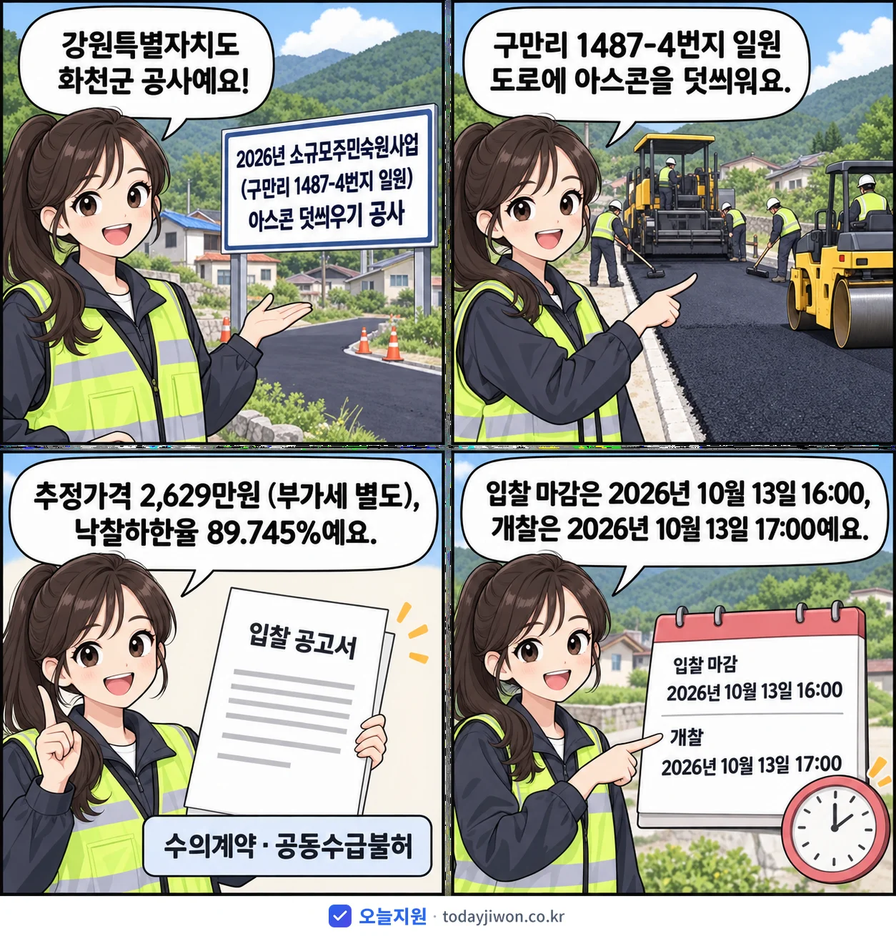 4컷 만화로 보는 공고: 강원특별자치도 화천군 '소규모주민숙원사업(구만리 1487-4번지 일원) 아스콘 덧씌우기 공사', 추정가격 2,629만원, 입찰 마감 10/13 16:00