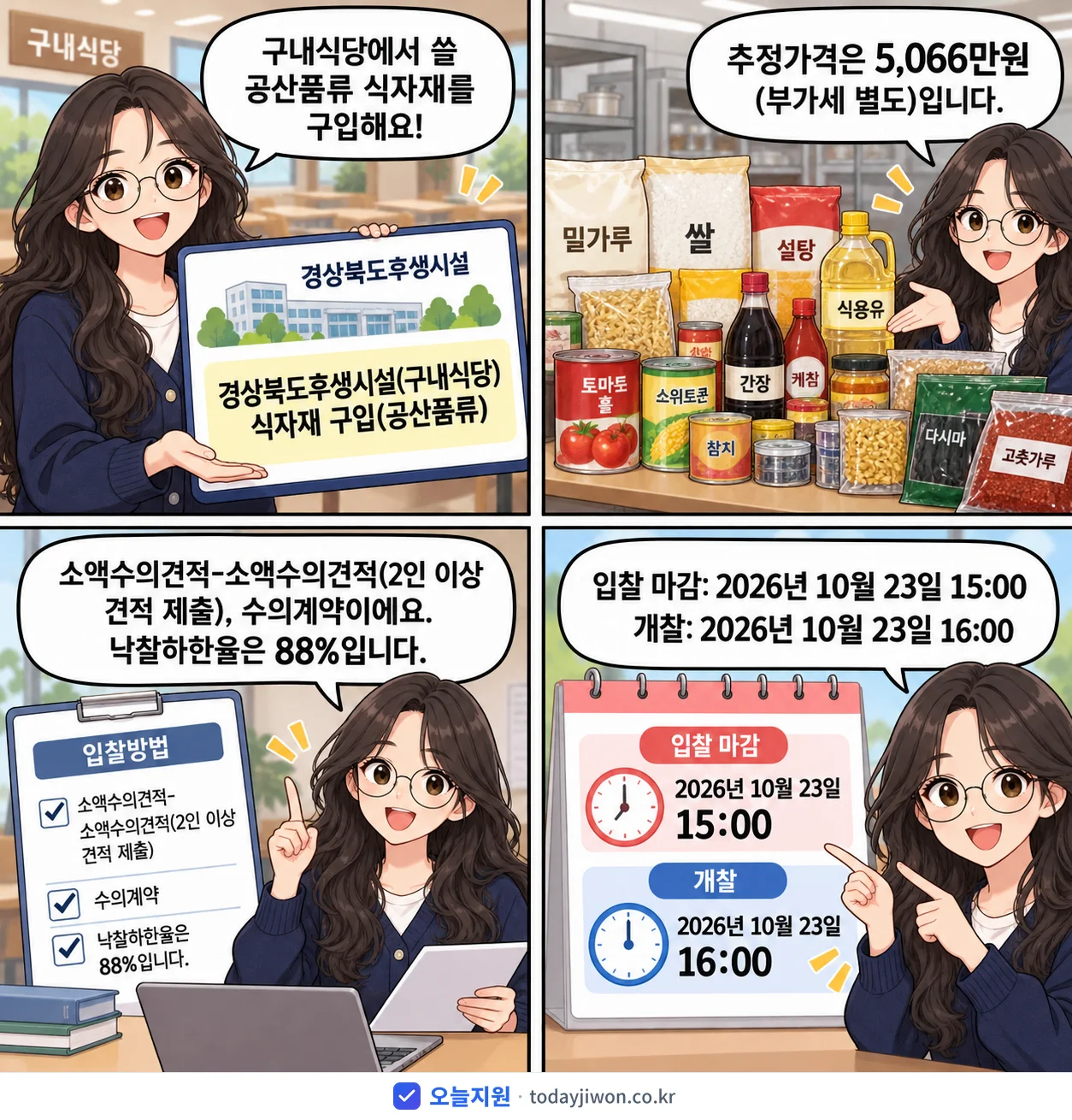 4컷 만화로 보는 공고: 경상북도후생시설 '경상북도후생시설(구내식당) 식자재 구입(공산품류)', 추정가격 5,066만원, 입찰 마감 10/23 15:00