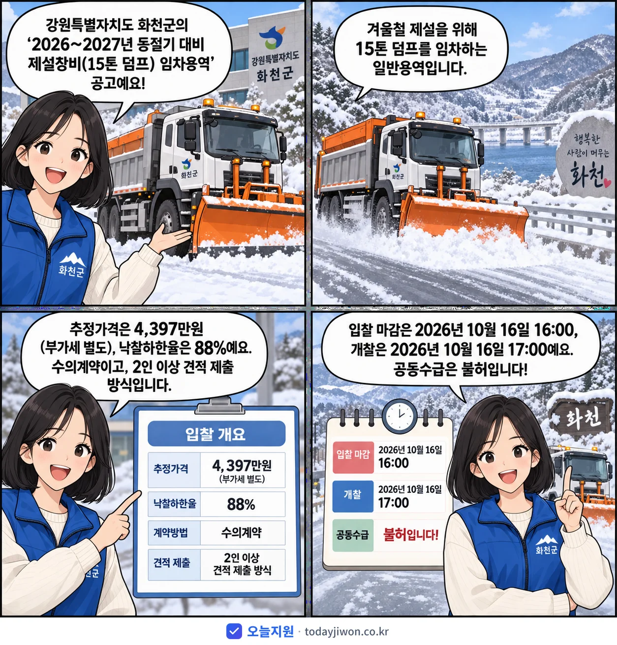 4컷 만화로 보는 공고: 강원특별자치도 화천군 '~2027년 동절기 대비 제설장비(15톤 덤프) 임차용역', 추정가격 4,397만원, 입찰 마감 10/16 16:00