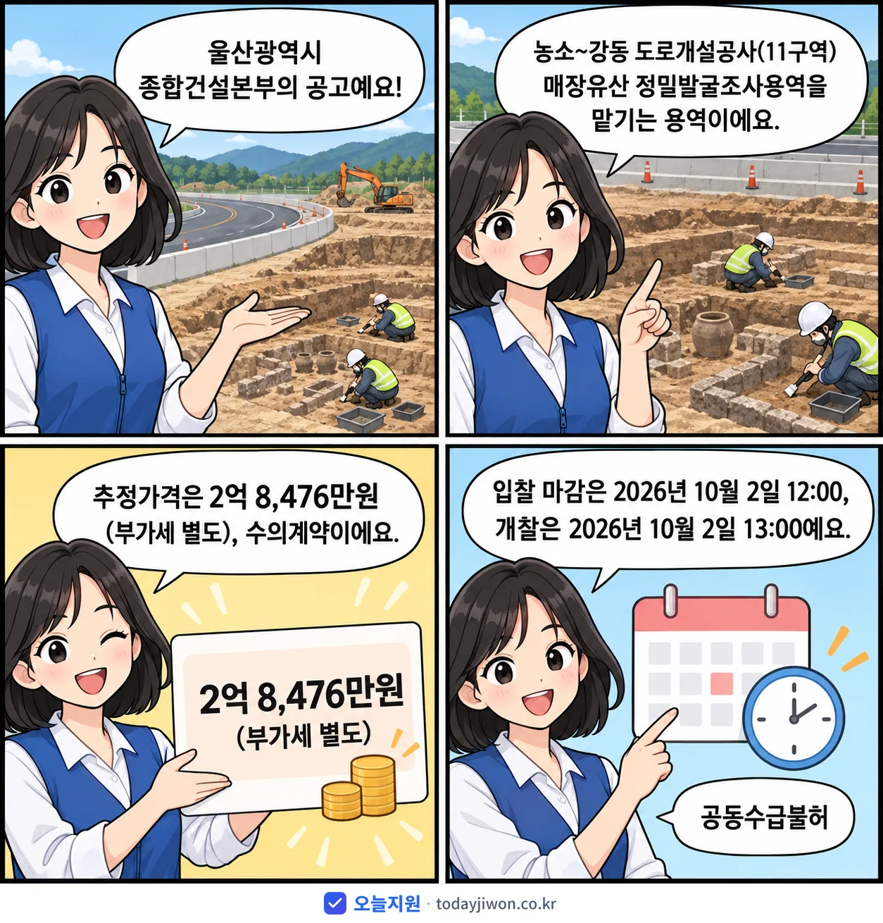 4컷 만화로 보는 공고: 울산광역시 종합건설본부 '농소~강동 도로개설공사(11구역) 매장유산 정밀발굴조사용역', 추정가격 2억 8,476만원, 입찰 마감 10/2 12:00