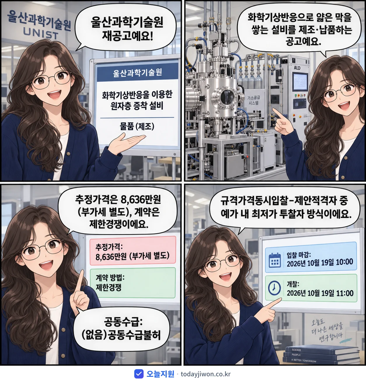 4컷 만화로 보는 공고: 울산과학기술원 '화학기상반응을 이용한 원자층 증착 설비', 추정가격 8,636만원, 입찰 마감 10/19 10:00