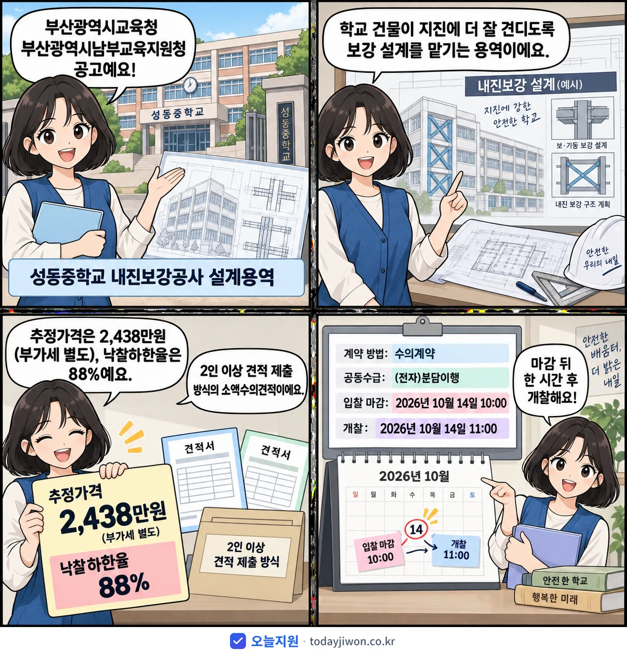 4컷 만화로 보는 공고: 부산광역시교육청 부산광역시남부교육지원청 '성동중학교 내진보강공사 설계용역', 추정가격 2,438만원, 입찰 마감 10/14 10:00