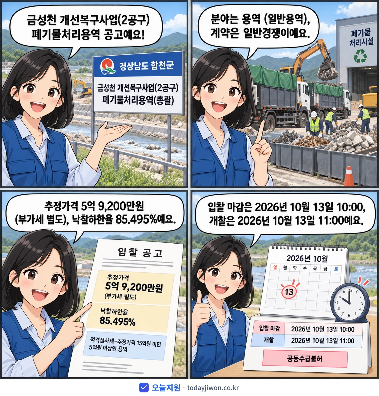 4컷 만화로 보는 공고: 경상남도 합천군 '금성천 개선복구사업(2공구) 폐기물처리용역(총괄)', 추정가격 5억 9,200만원, 입찰 마감 10/13 10:00