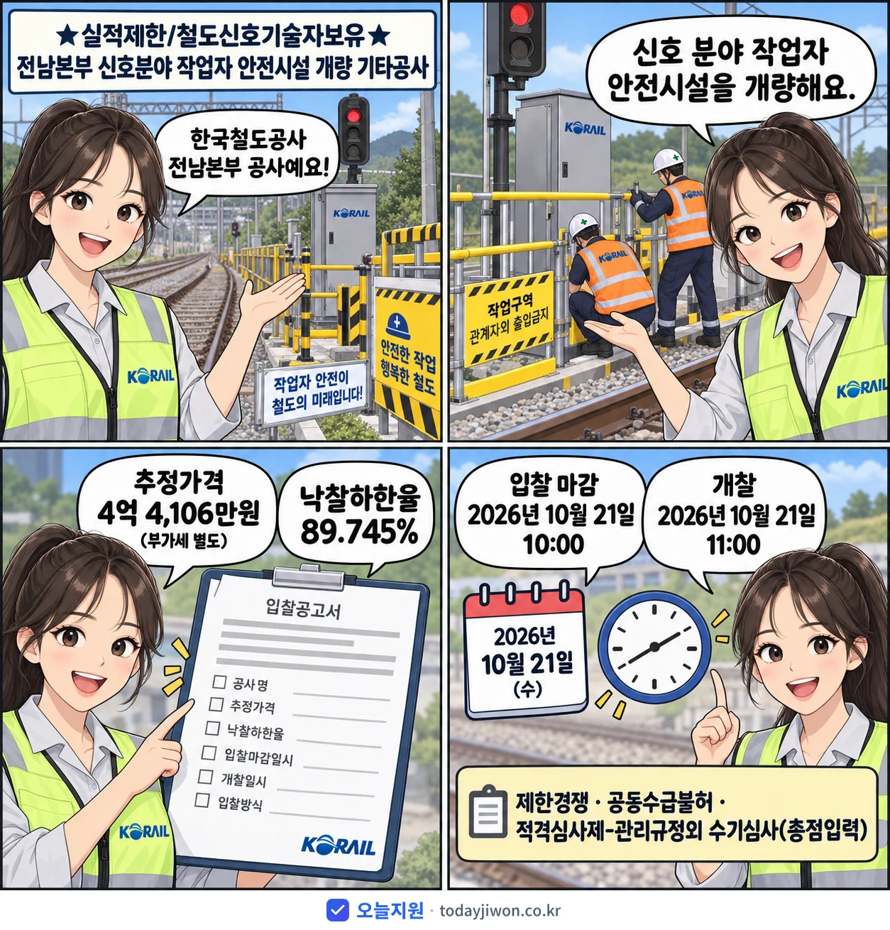 4컷 만화로 보는 공고: 한국철도공사 전남본부 '★실적제한/철도신호기술자보유★전남본부 신호분야 작업자 안전시설 개량 기…', 추정가격 4억 4,106만원, 입찰 마감 10/21 10:00